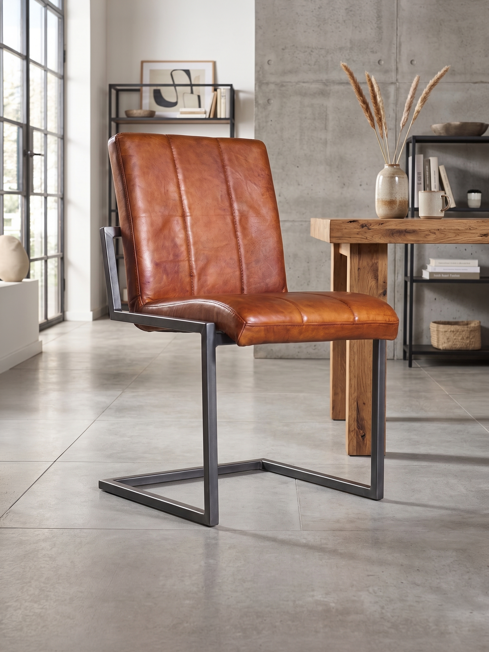 Freischwinger Stuhl COOPER ohne Armlehne aus Leder in Cognac
