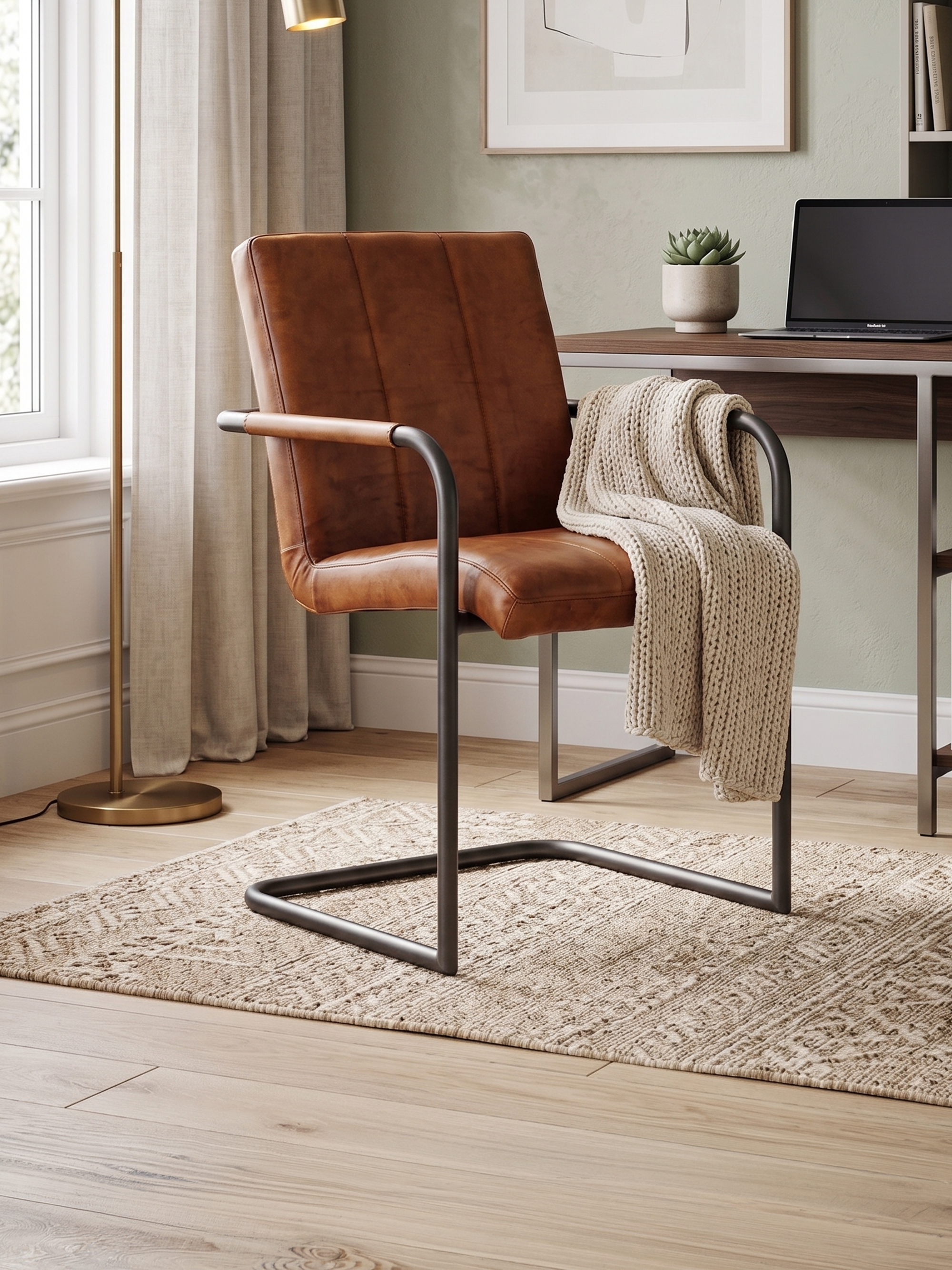 Eleganter Freischwinger Stuhl COOPER aus Leder in Cognac