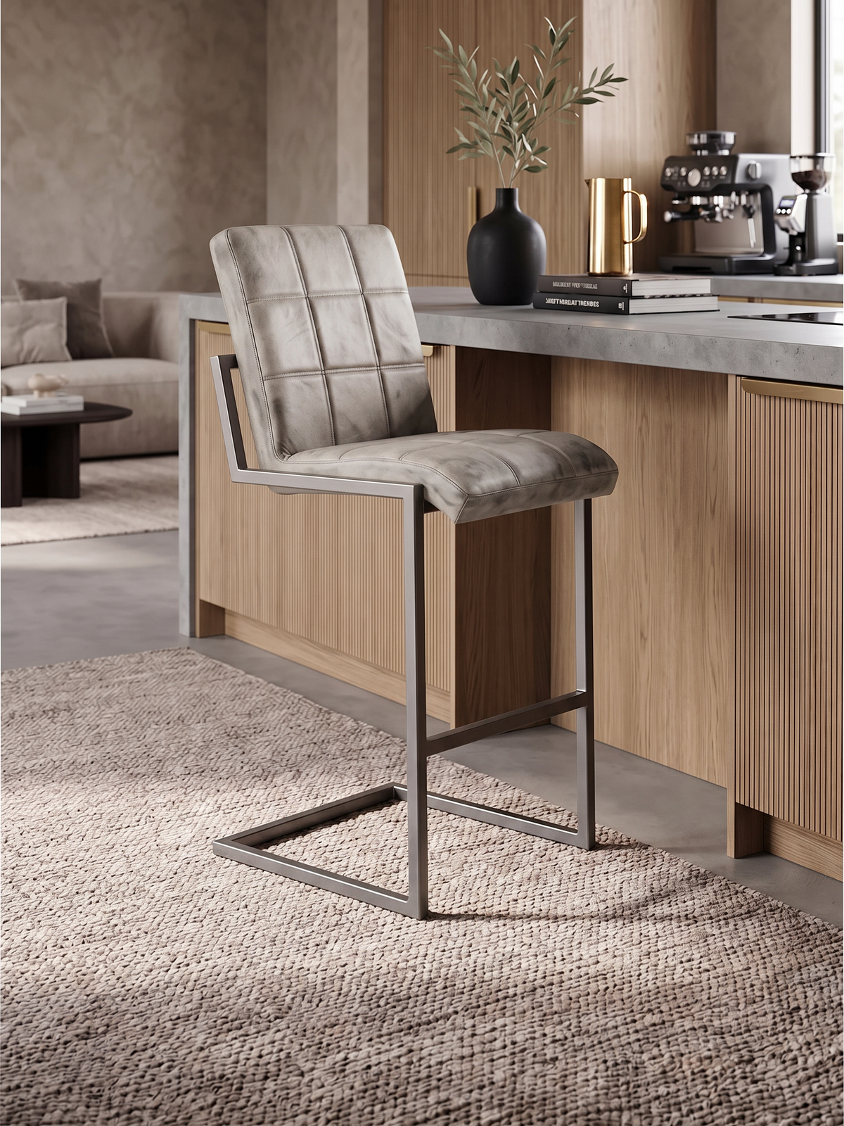 Barhocker „Fargo“ aus Leder in Grau, Wohnbeispiel