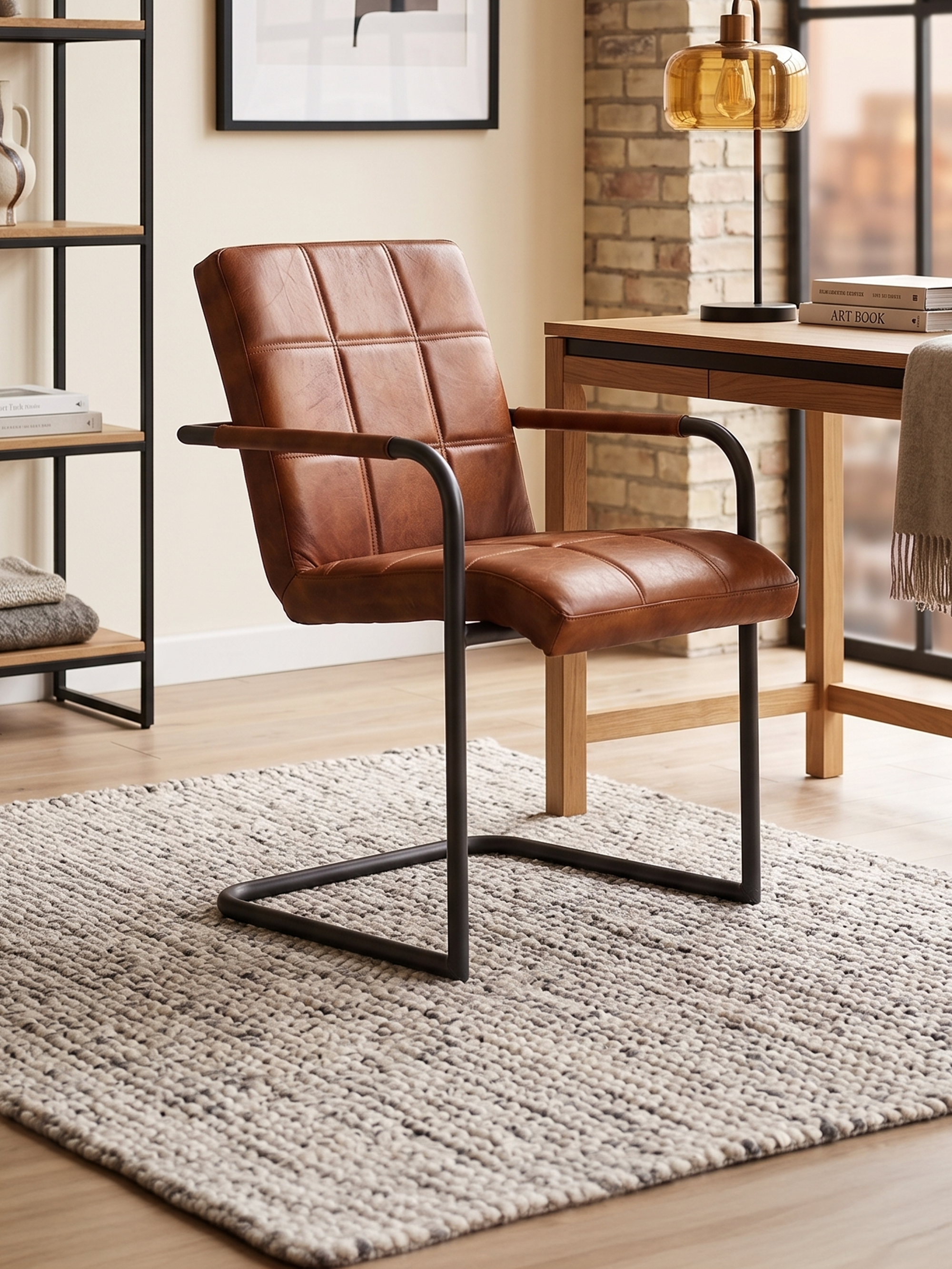 Eleganter Freischwinger Stuhl FARGO aus Leder in Cognac