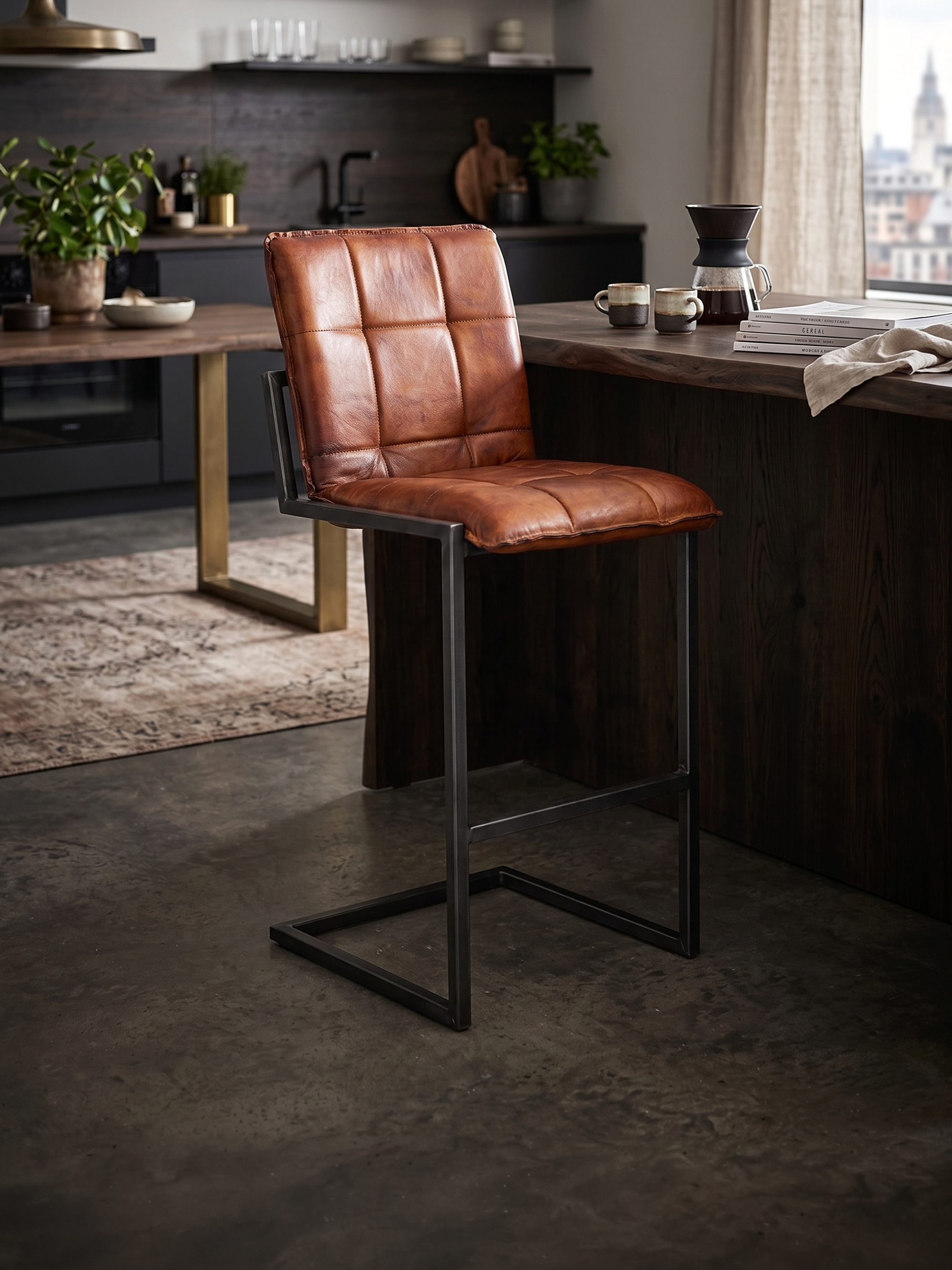 Barhocker GOODMAN aus Leder in Cognac
