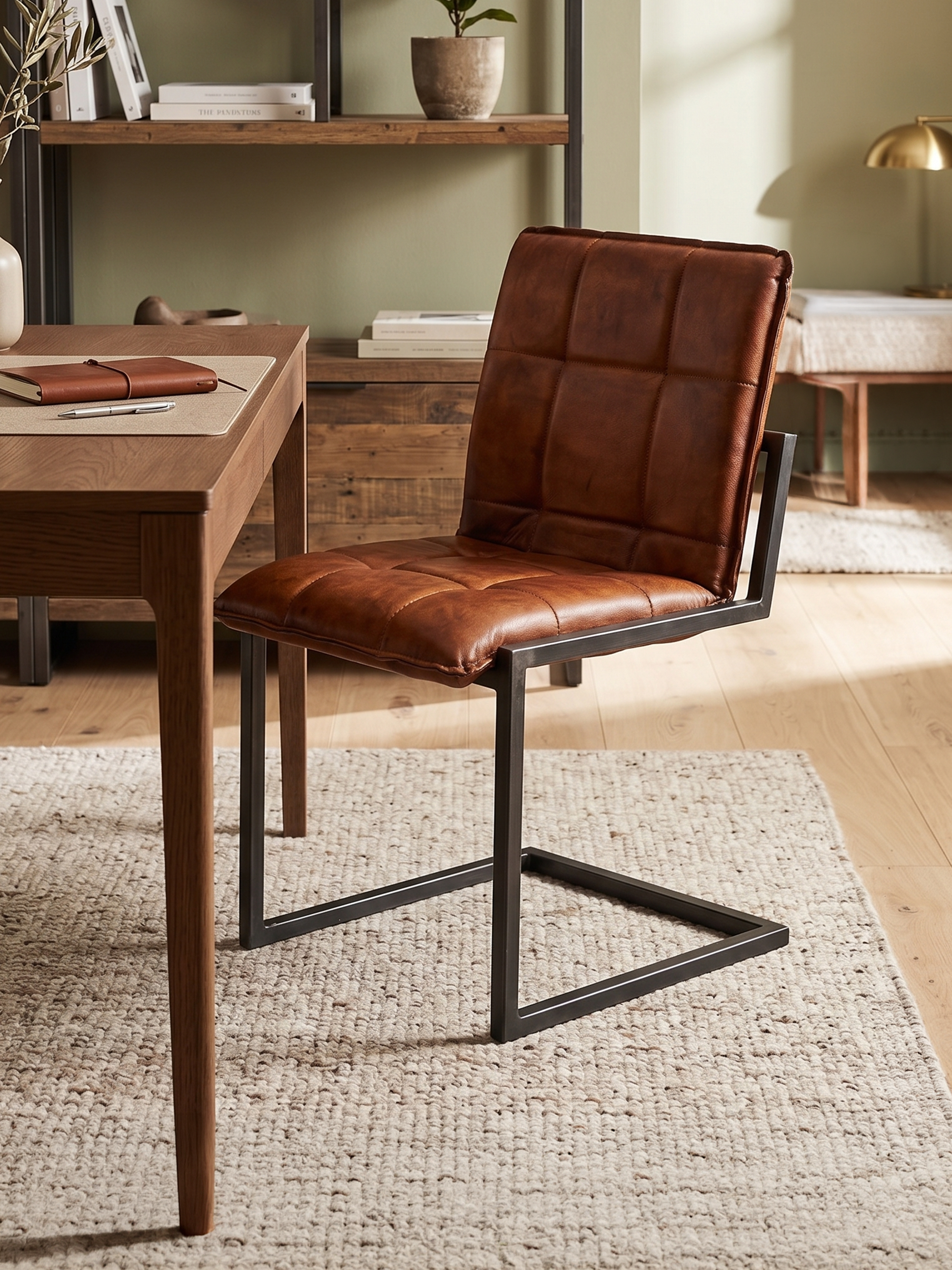 Freischwinger Stuhl GOODMAN ohne Armlehne aus Leder in Cognac