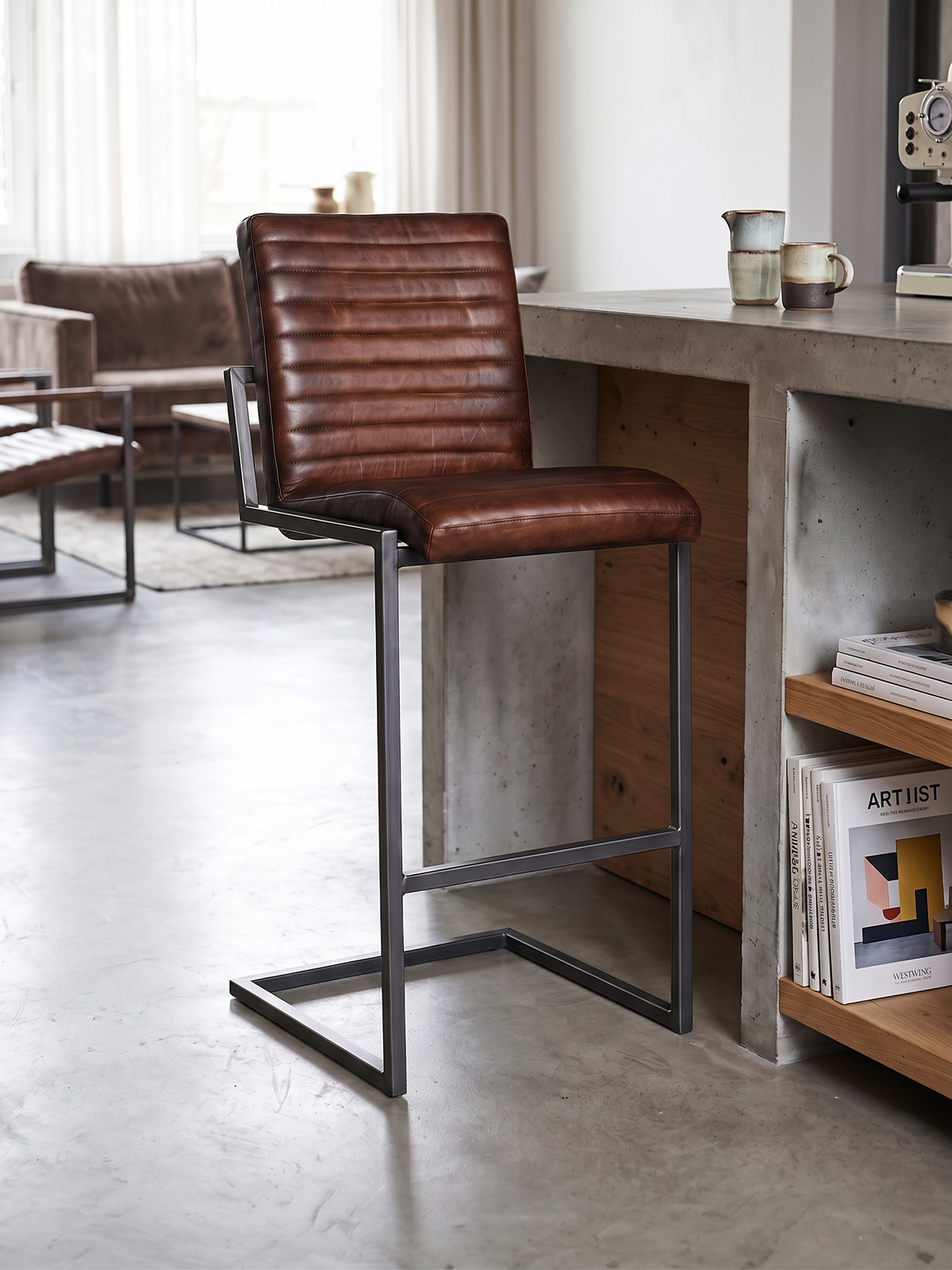 Barhocker „Sinatra“ aus Leder in Braun, Wohnbeispiel