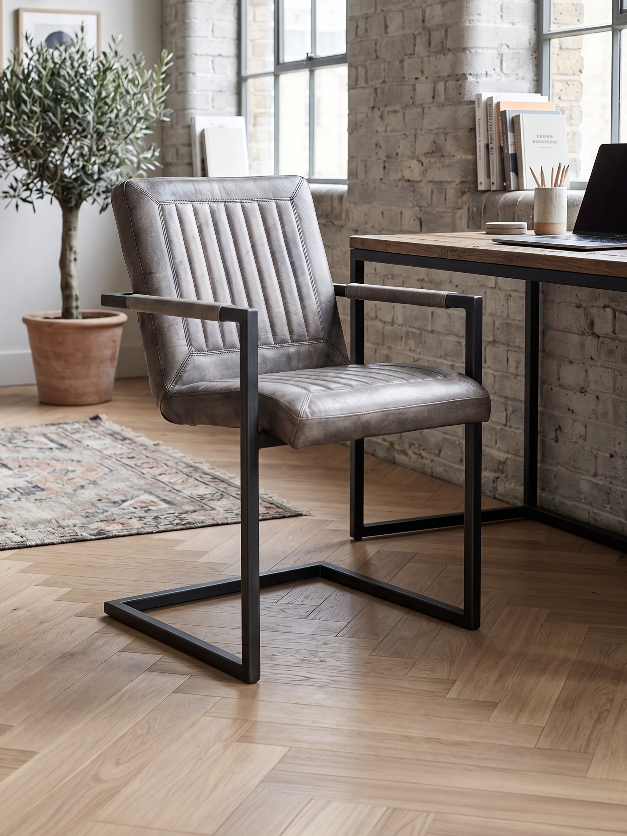 Freischwinger Stuhl CADI aus Leder in Grau