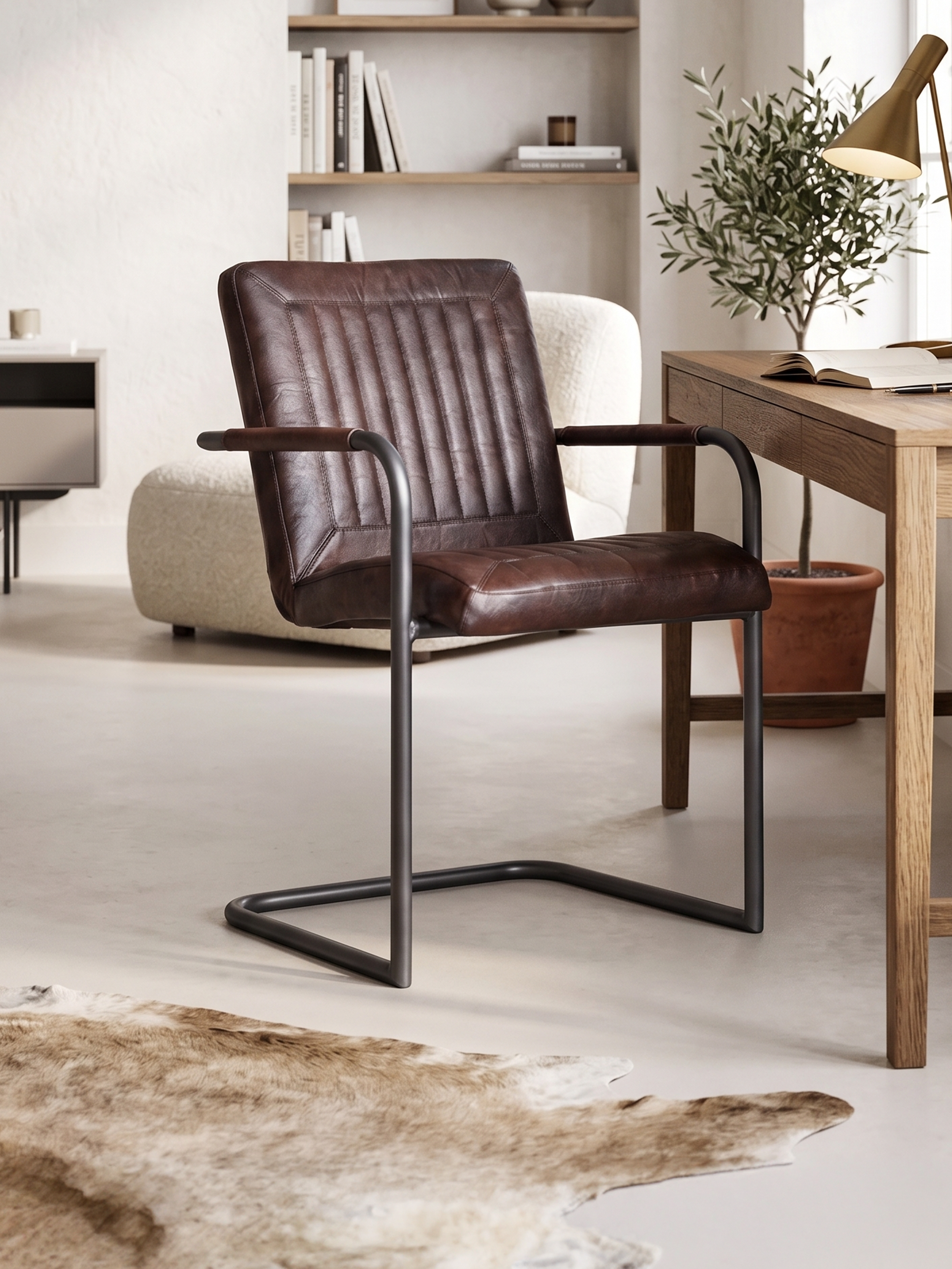 Eleganter Freischwinger Stuhl CADI aus Leder in Braun