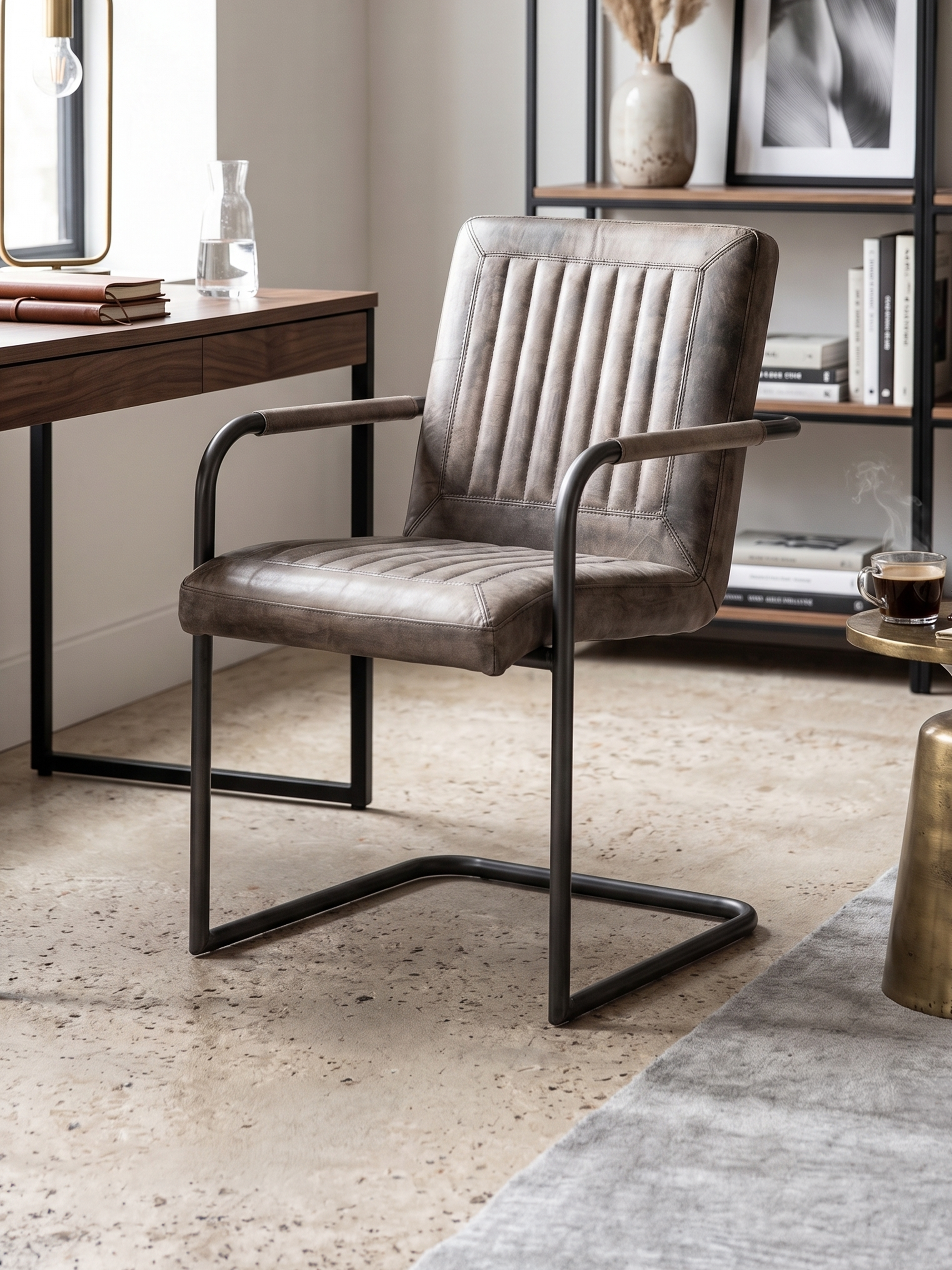 Eleganter Freischwinger Stuhl CADI aus Leder in Grau