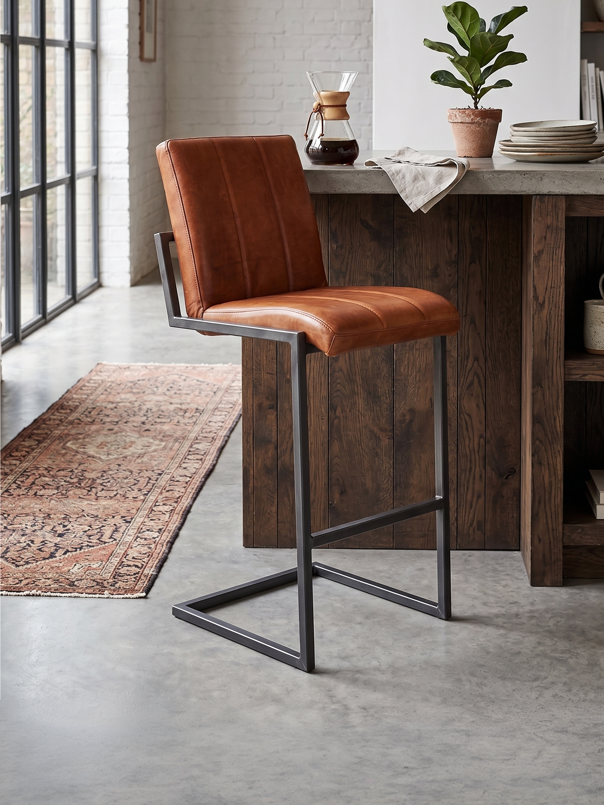 Barhocker COOPER aus Leder in Cognac