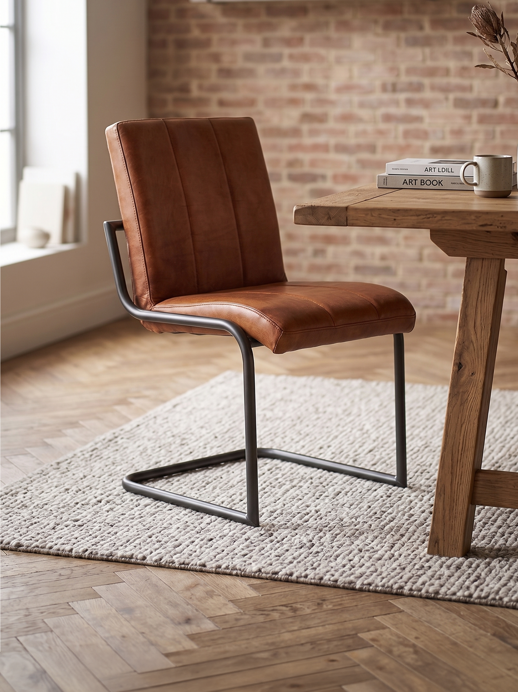 Eleganter Freischwinger Stuhl COOPER ohne Armlehne aus Leder in Cognac
