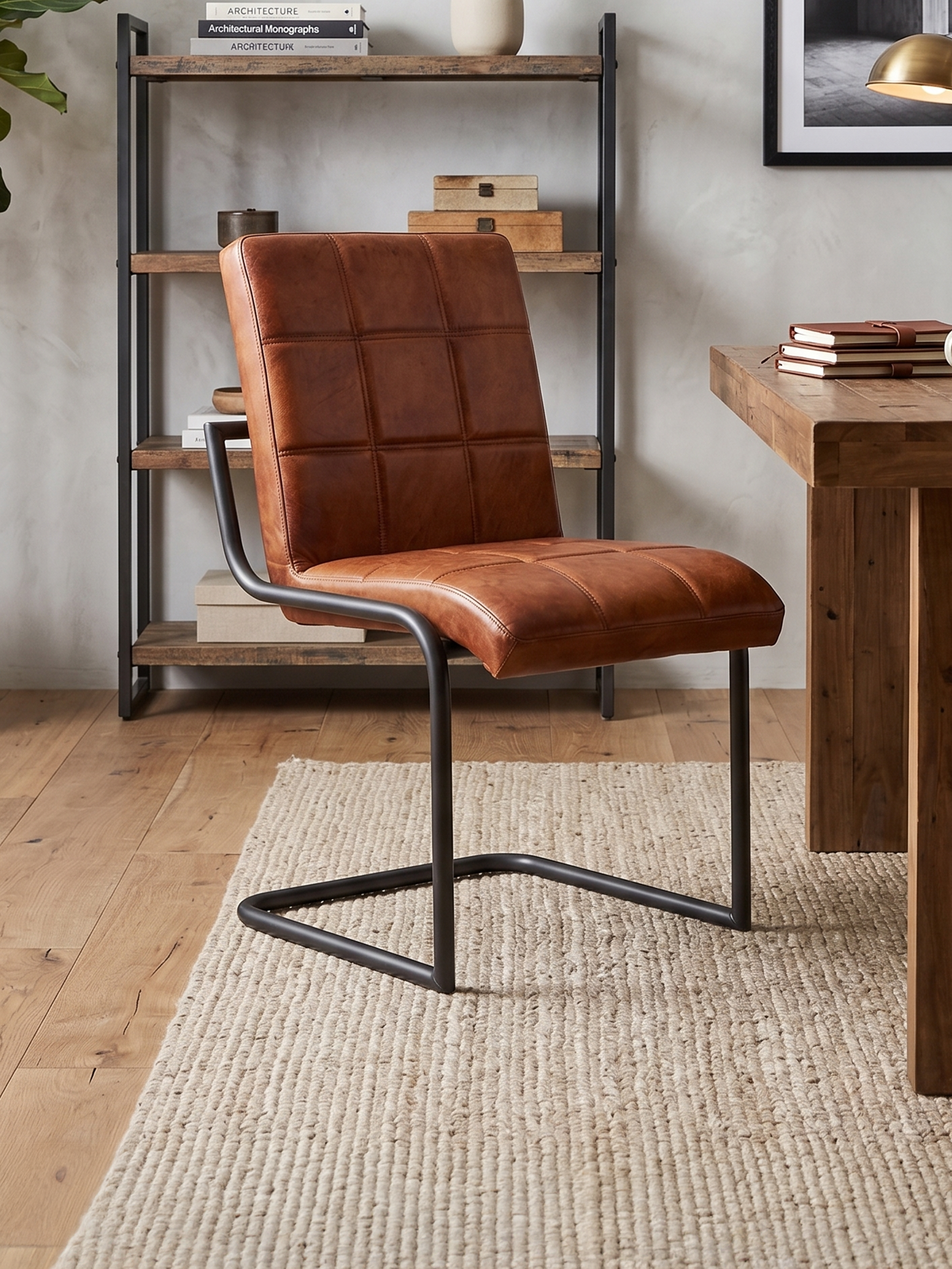 Freischwinger Stuhl FARGO ohne Armlehne aus Leder in Cognac