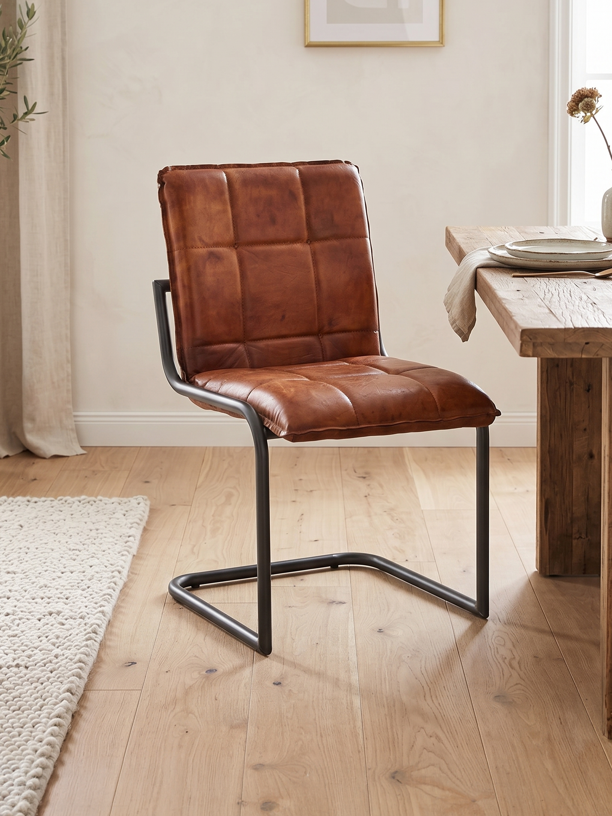 Eleganter Freischwinger Stuhl GOODMAN aus Leder in Cognac