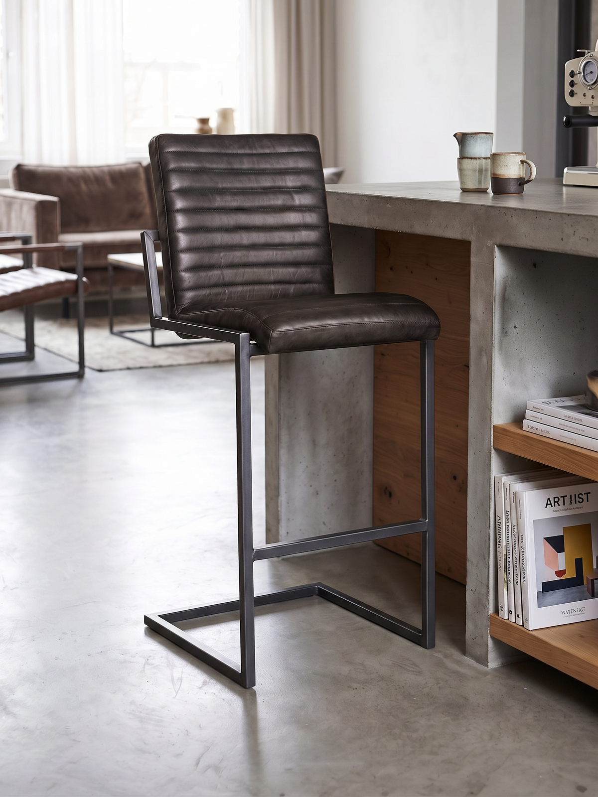 Barhocker „Sinatra“ aus Leder in Schwarz, Wohnbeispiel