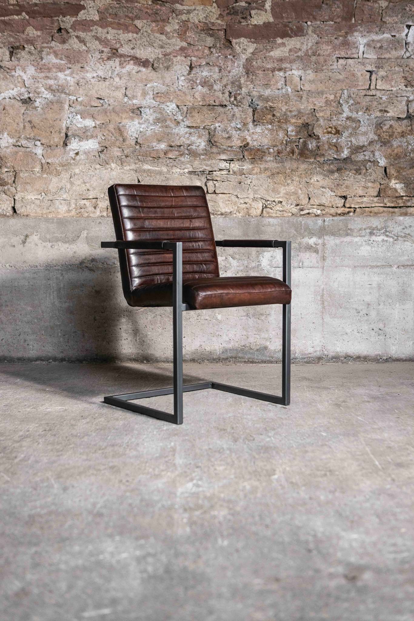 Freischwinger „Sinatra“ mit Armlehne aus echtem Büffelleder in Braun, Industrial Design
