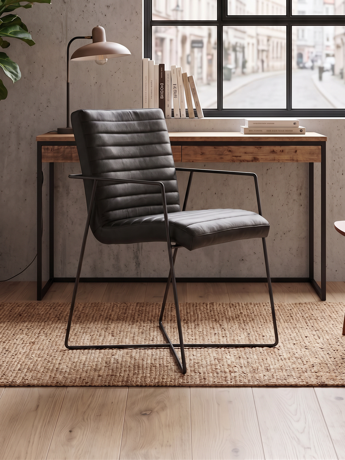Designstuhl „Sinatra“ aus Büffelleder in Schwarz, Wohnbeispiel